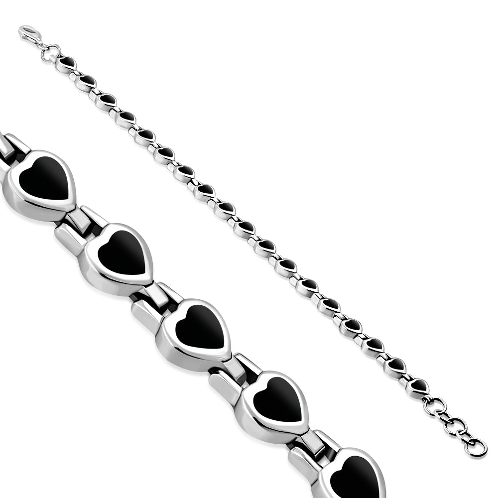 Black Onyx Love Heart Links Silver Bracelet