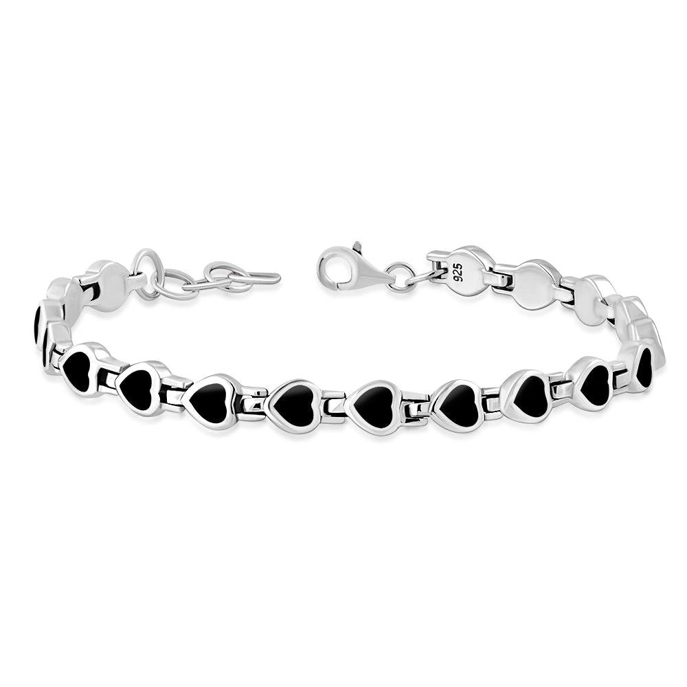 Black Onyx Love Heart Links Silver Bracelet