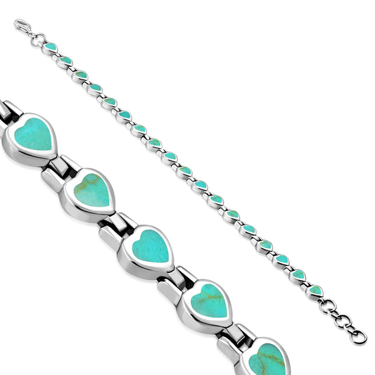 Turquoise Love Heart Links Silver Bracelet