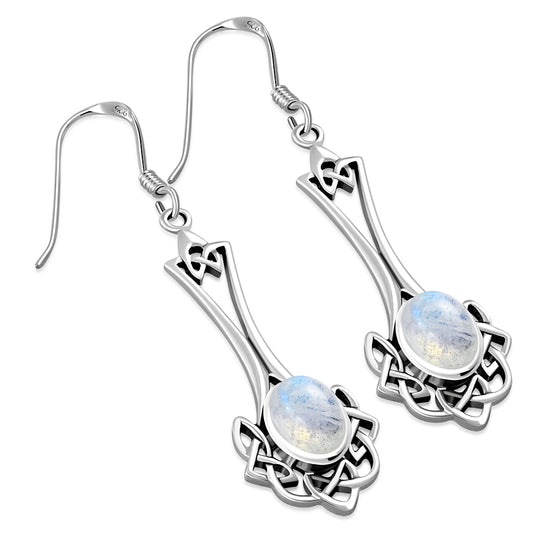 Long Rainbow Moonstone Celtic Knot Silver Earrings Set 