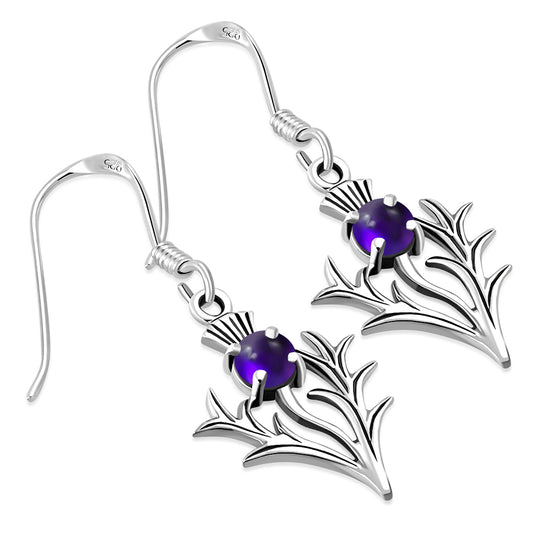 Amethyst Stone Silver Scottish Thistle Earrings