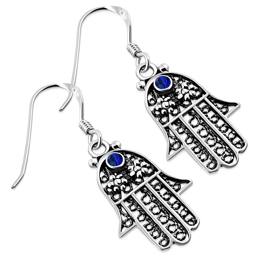 Filigree work Hamsa Earring with Blue Sapphire CZ