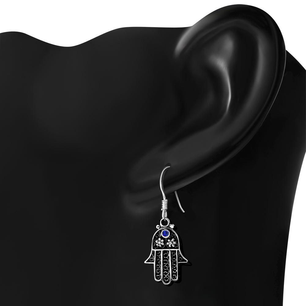 Filigree work Hamsa Earring with Blue Sapphire CZ