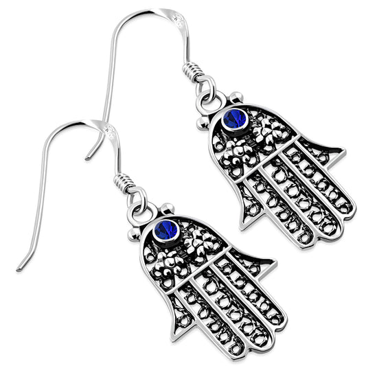 Filigree work Hamsa Earring with Blue Sapphire  CZ