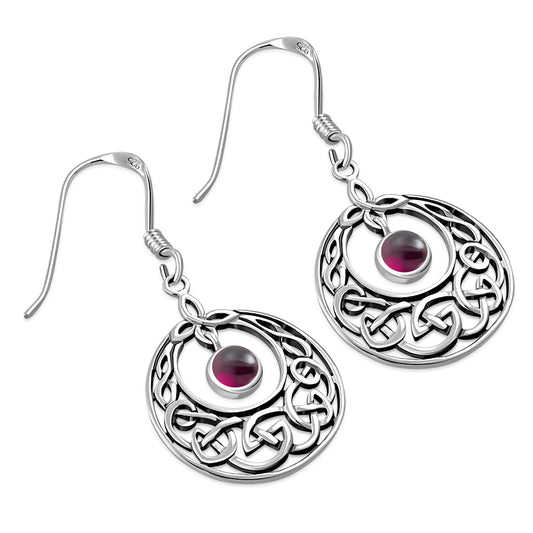 Garnet Stone Celtic Knot Silver Earrings 