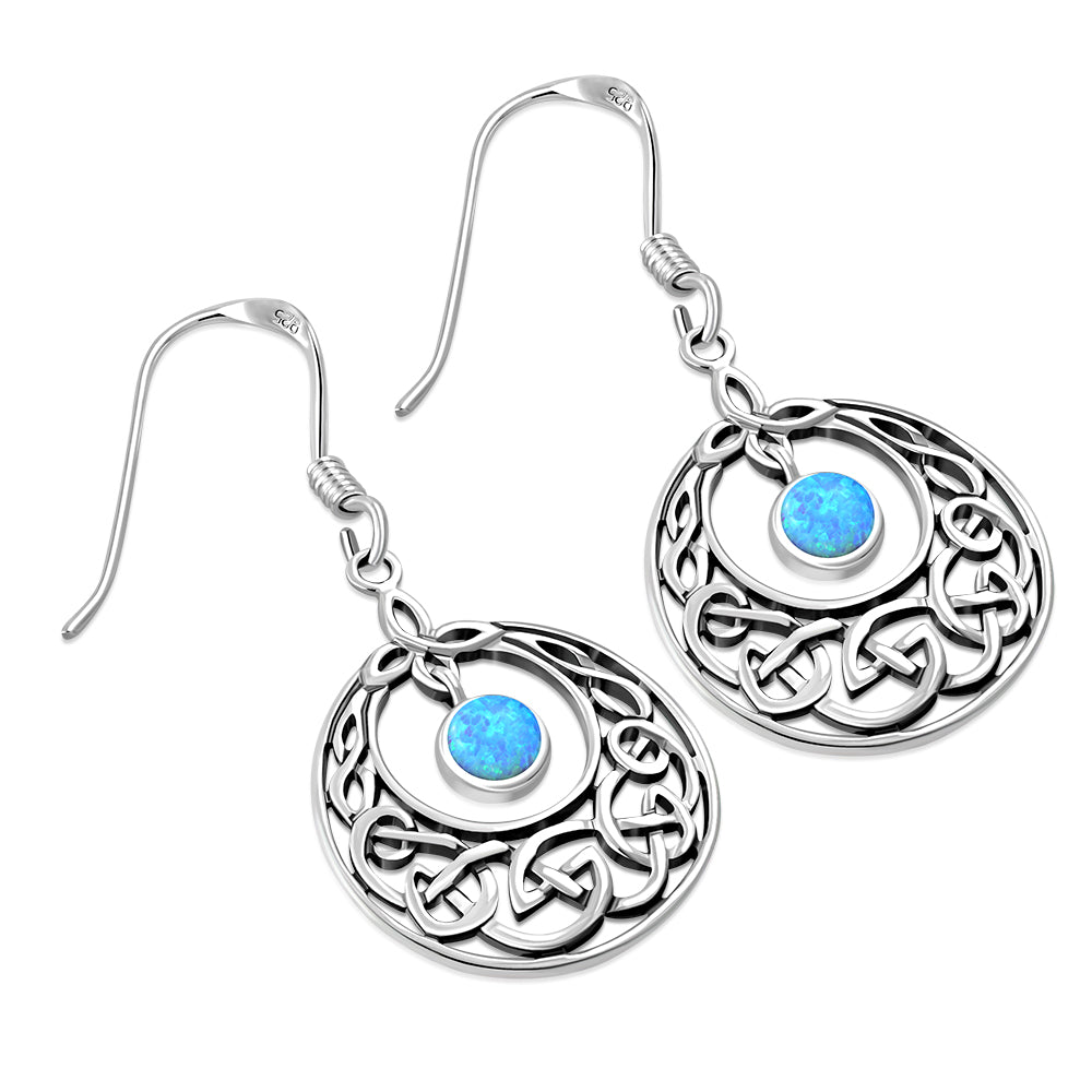 Synthetic Azure Opal Celtic Knot Silver Earrings