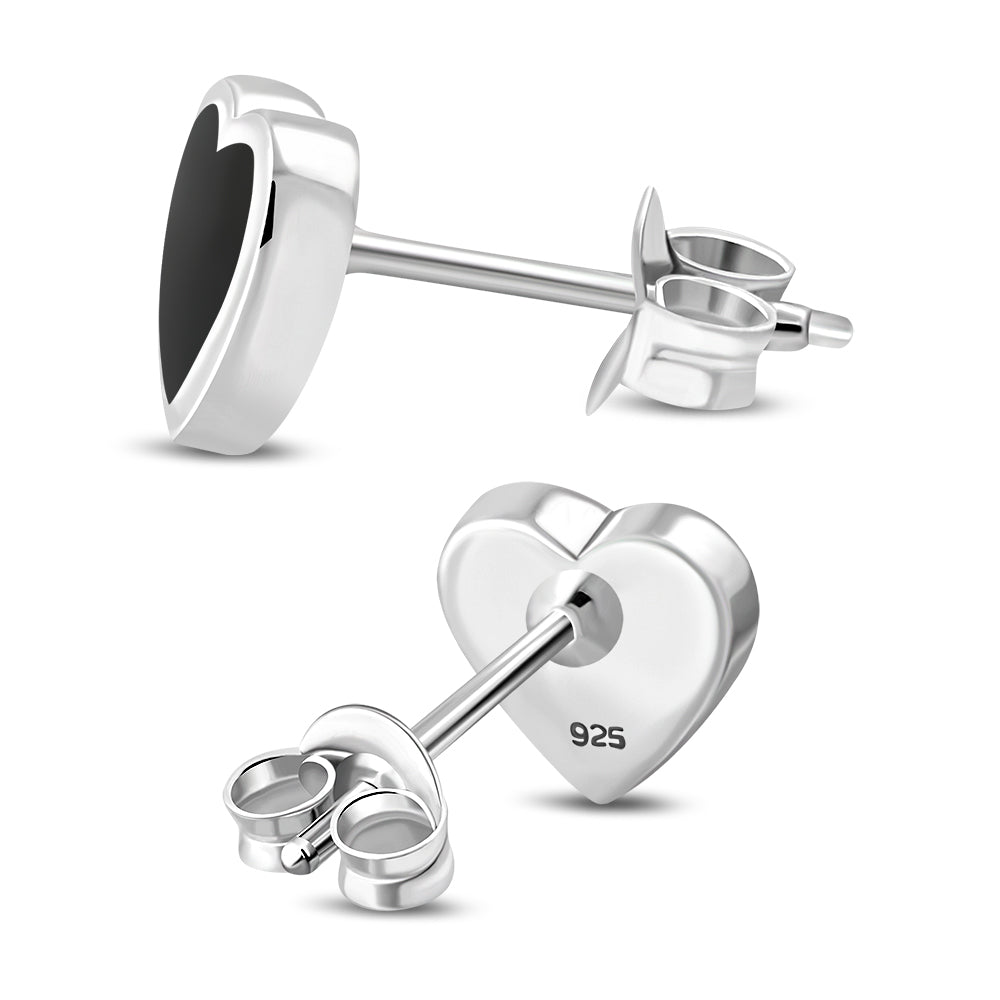 Black Onyx Heart Stud Silver Earrings