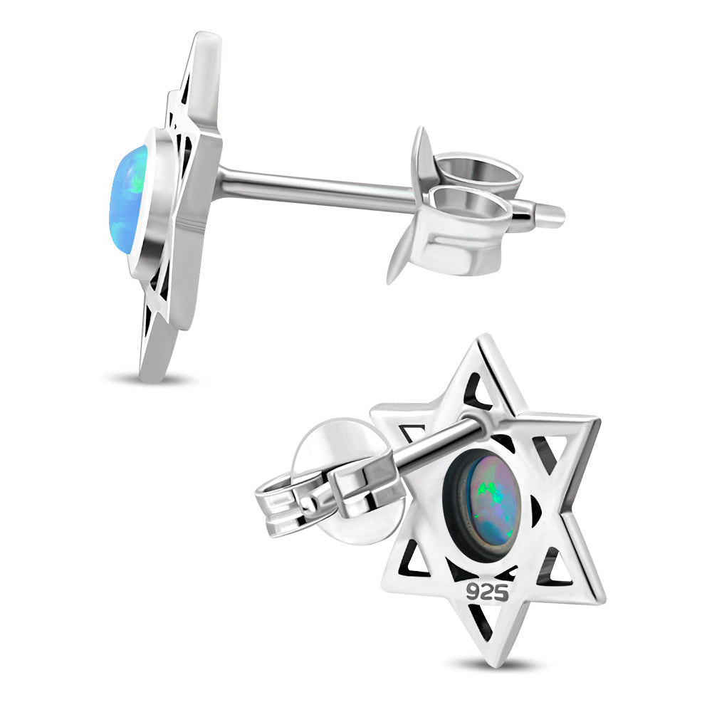 Star Of David Jewish Judaica 925 Sterling Silver Stud Earrings With Synthetic Blue Opal