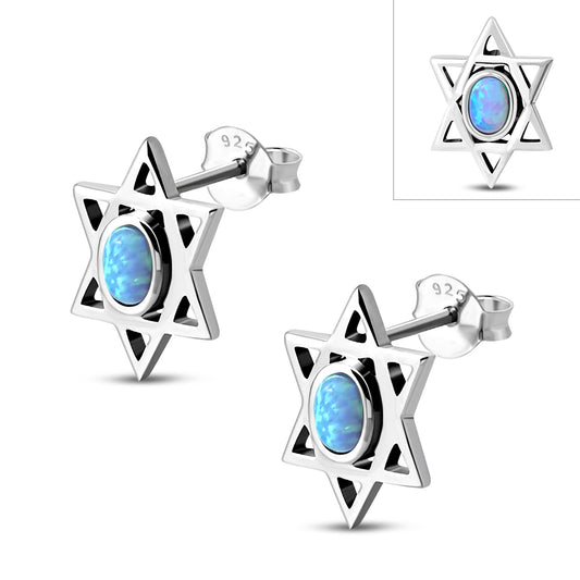 Star Of David Jewish Judaica 925 Sterling Silver Stud Earrings With Synthetic Blue Opal