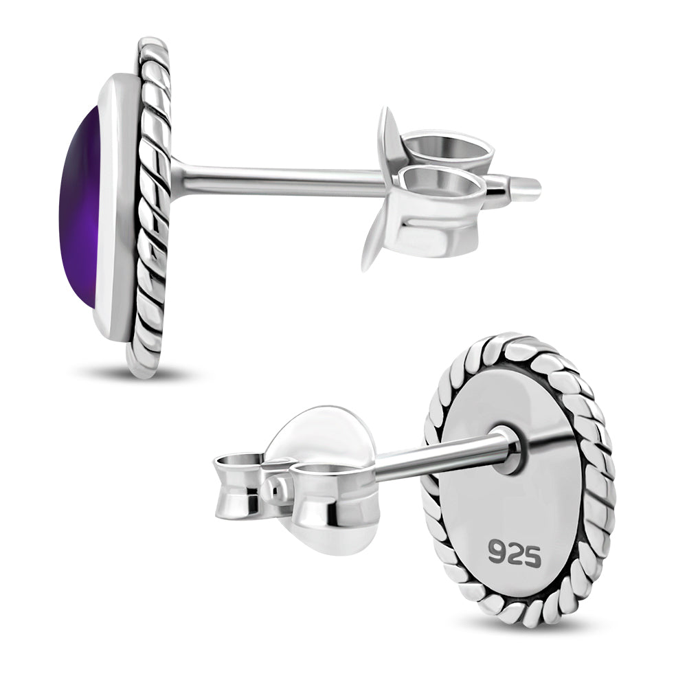 Oval Amethyst Stone Stud Silver Earrings