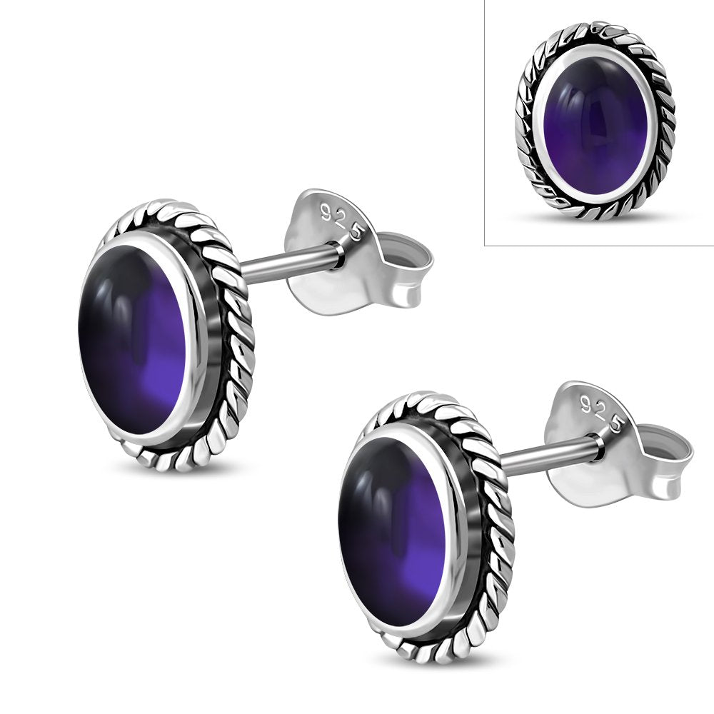 Oval Amethyst Stone Stud Silver Earrings