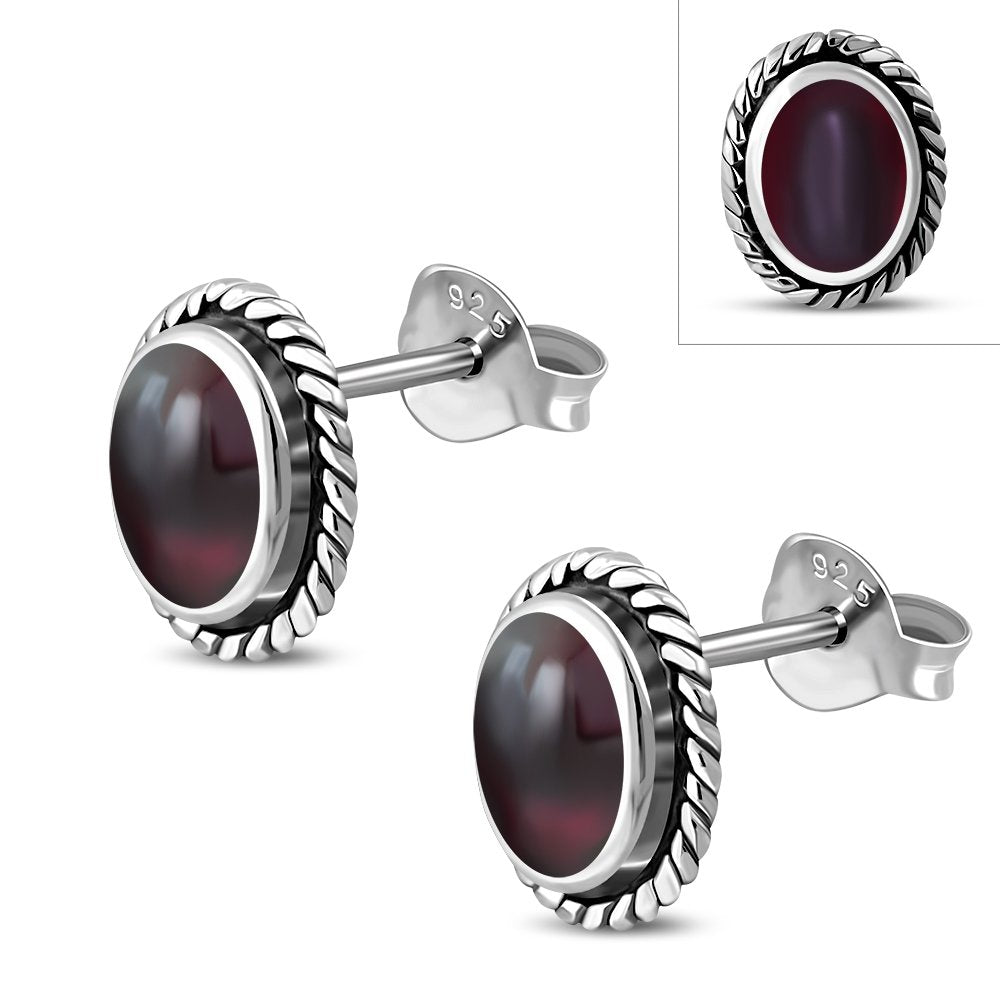Oval Garnet Stone Stud Silver Earrings