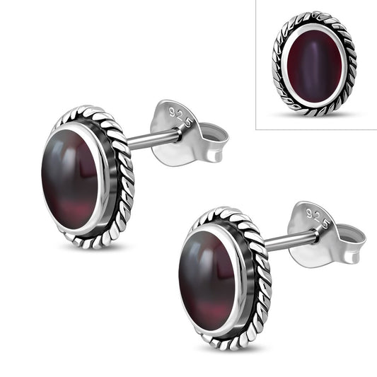 Oval Garnet Stone Stud Silver Earrings
