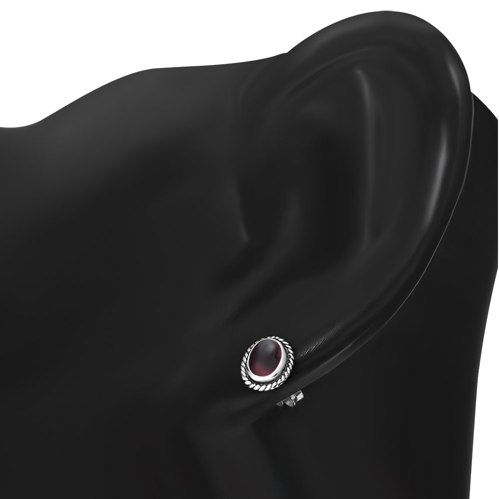 Oval Garnet Stone Stud Silver Earrings