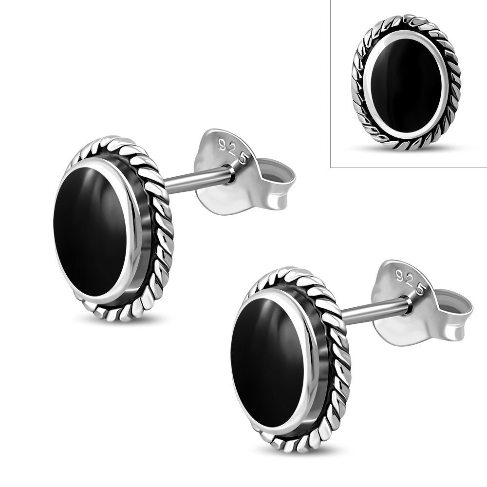 Oval Black Onyx Stud Silver Earrings