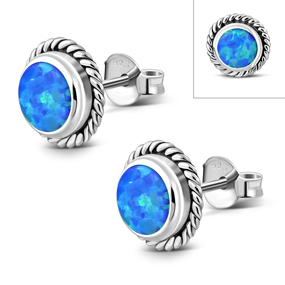 Round Synthetic Opal Stud Silver Earrings