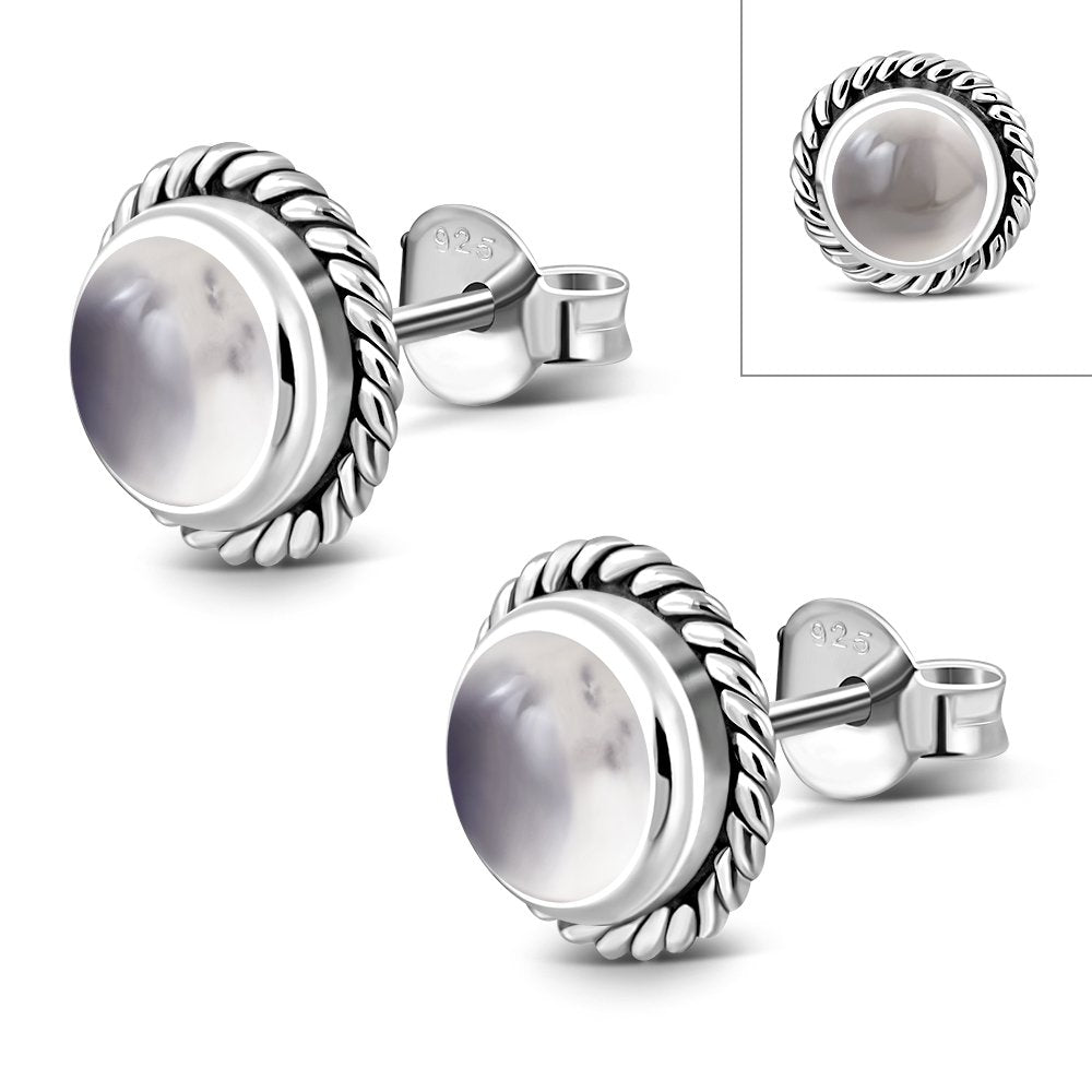 Round Rose Quartz Stud Silver Earrings