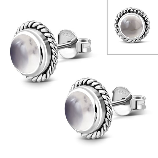 Round Rose Quartz Stud Silver Earrings
