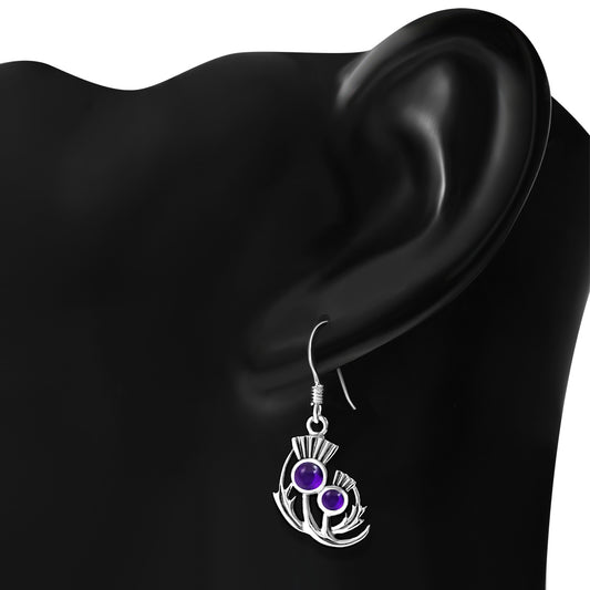Amethyst Cab Stone Sterling Silver Thistle Earrings