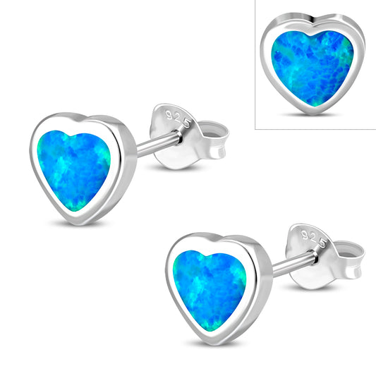 Synthetic Opal Heart Silver Stud Earrings