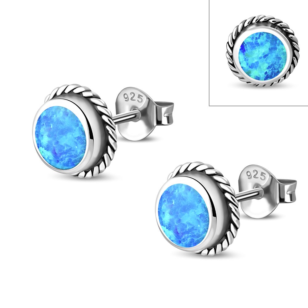 Synthetic Opal Round Stud Silver Earrings
