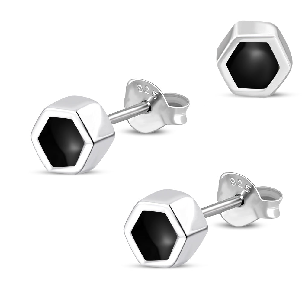Tiny Black Onyx Hexagon Silver Stud Earrings