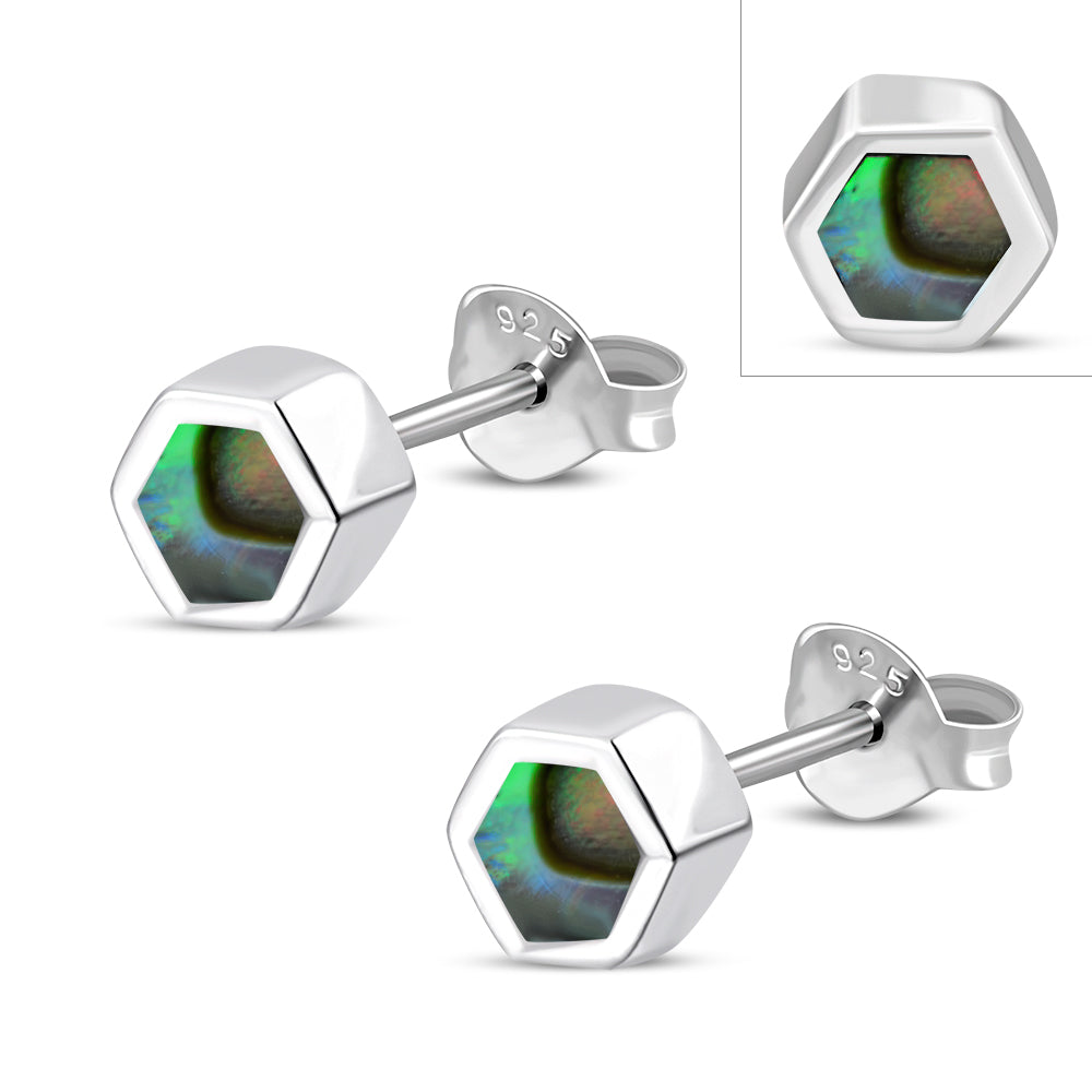 Tiny Abalone Shell Hexagon Silver Stud Earrings