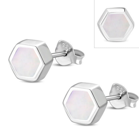 Mother of Pearl Hexagon Silver Stud Earrings