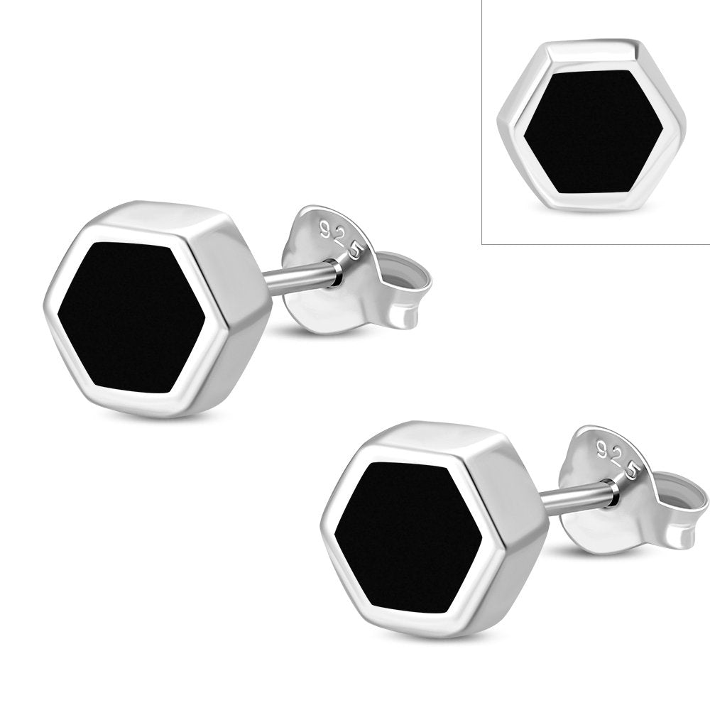 Black Onyx Hexagon Silver Stud Earrings