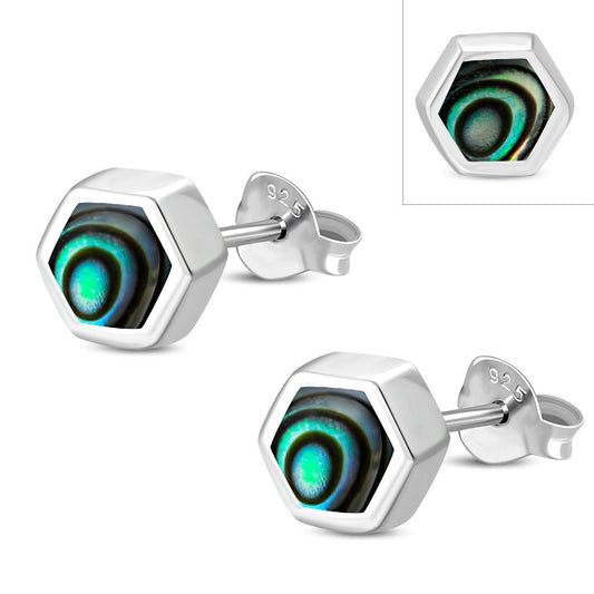 Abalone Shell Hexagon Silver Stud Earrings