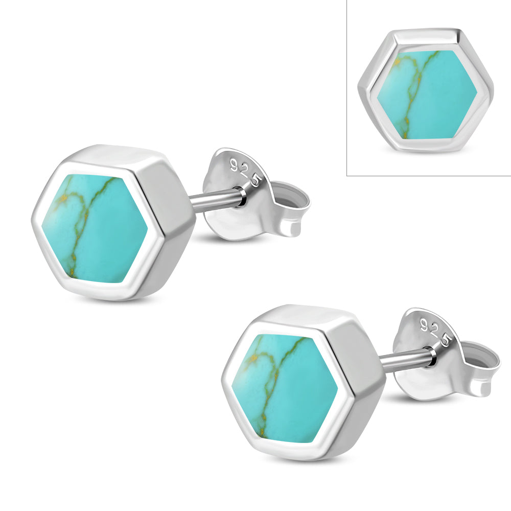 Turquoise Hexagon Silver Stud Earrings