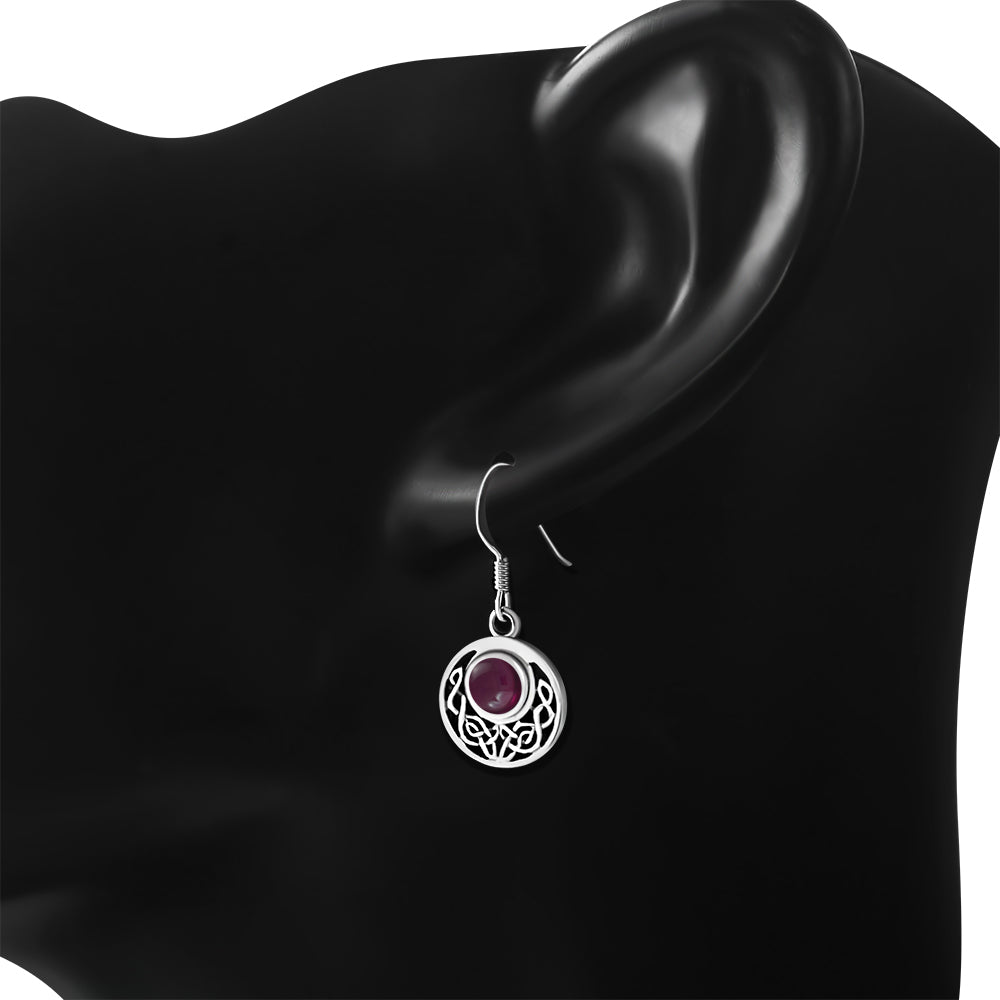 Garnet Round Celtic Knot Silver Earrings