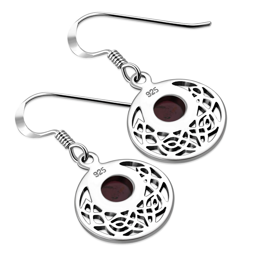 Garnet Round Celtic Knot Silver Earrings