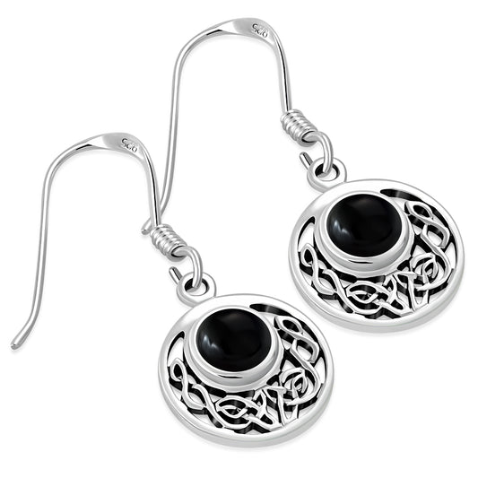 Black Onyx Round Celtic Knot Silver Earrings