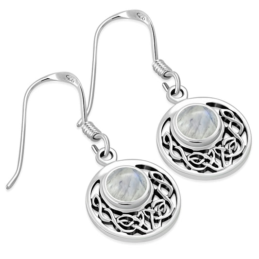 Rainbow Moonstone Round Celtic Knot Silver Earrings