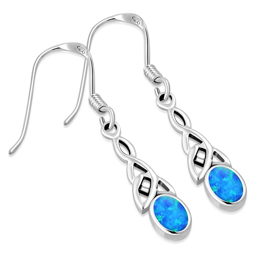 Synthetic Blue Opal Celtic Trinity Silver Earrings