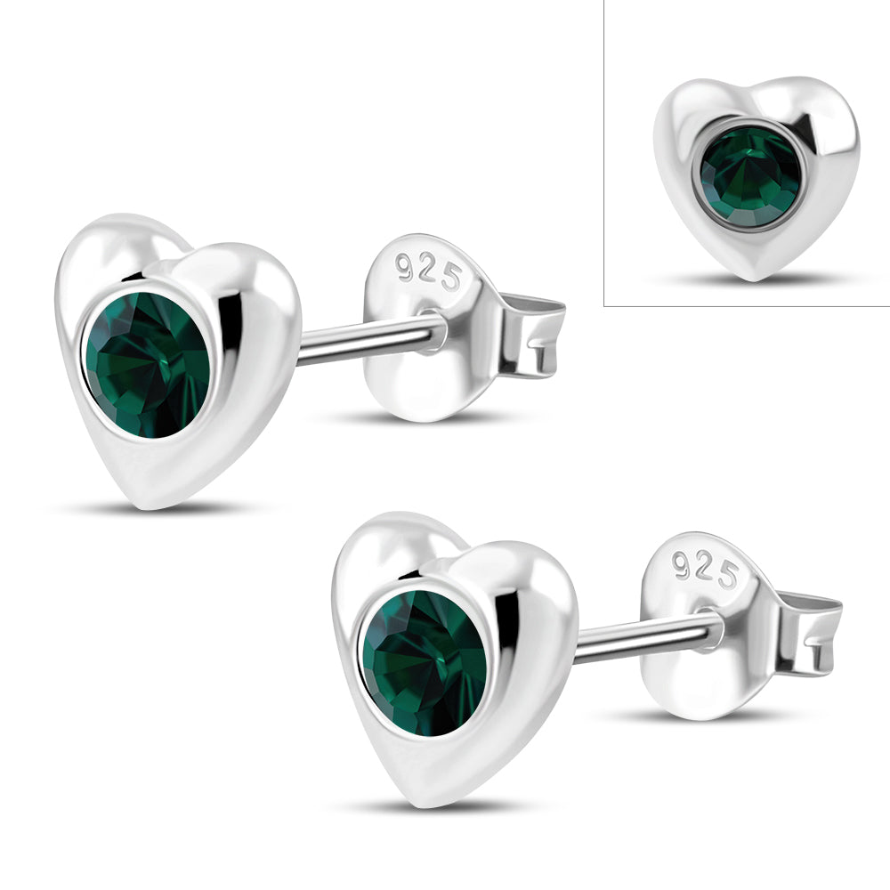 Green Cubic Zirconia Heart Silver Stud Earrings
