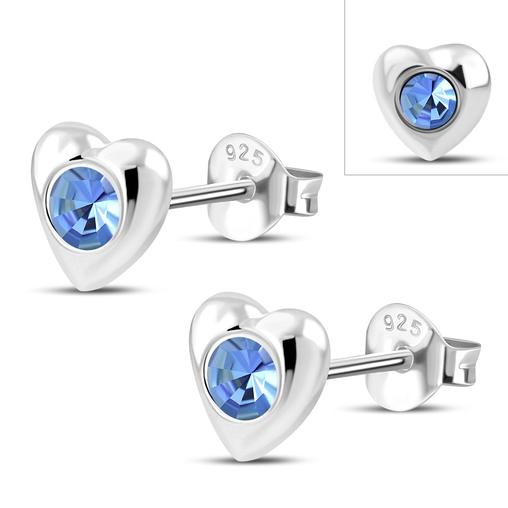 Sapphire CZ Heart Silver Stud Earrings
