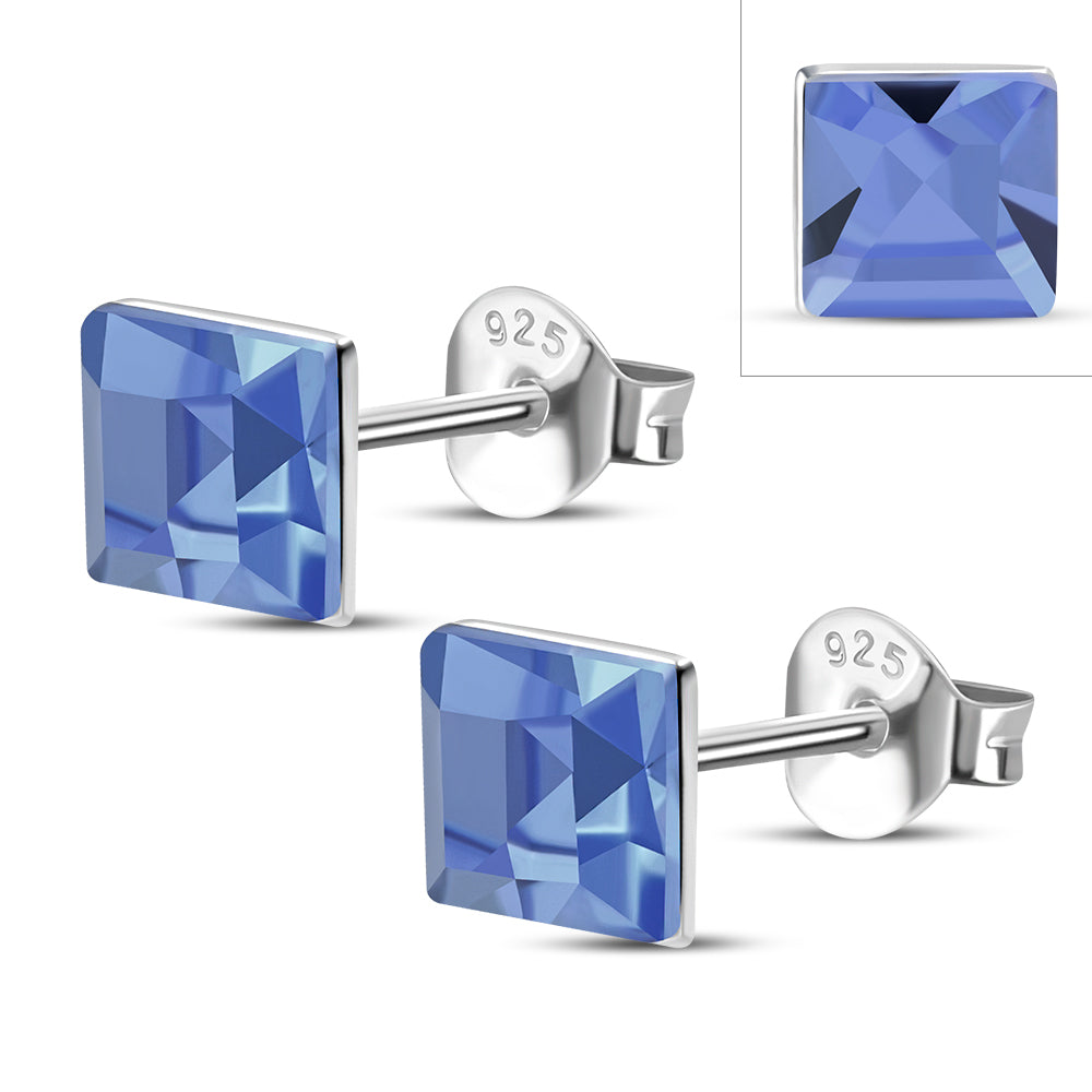 Sapphire CZ Square Silver Stud Earrings