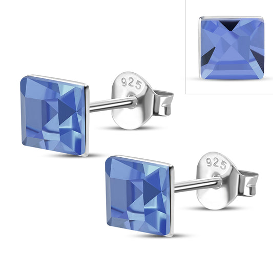 Sapphire CZ Square Silver Stud Earrings