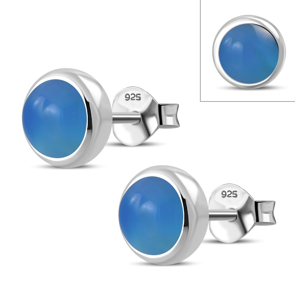 Blue Agate Round Silver StudÿEarrings