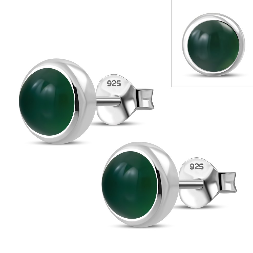 Green Agate Round Silver StudÿEarrings