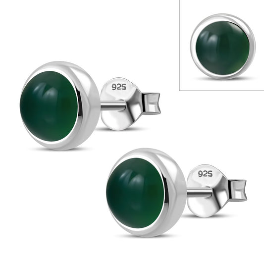 Green Agate Round Silver StudÿEarrings