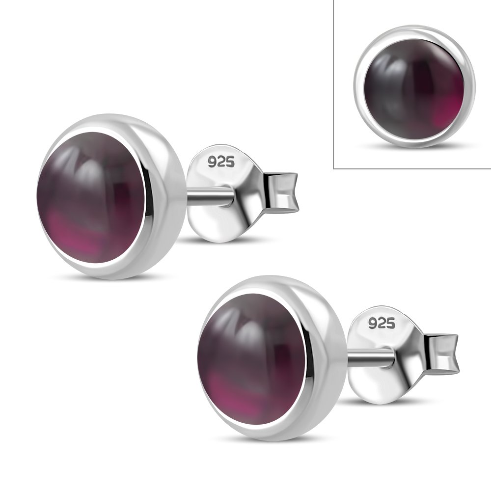 Garnet Stone Round Silver StudÿEarrings