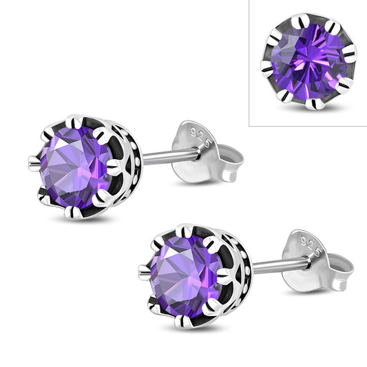 Vintage Royal Crown Ethnic Amethyst CZ Sterling Silver Stud Earrings