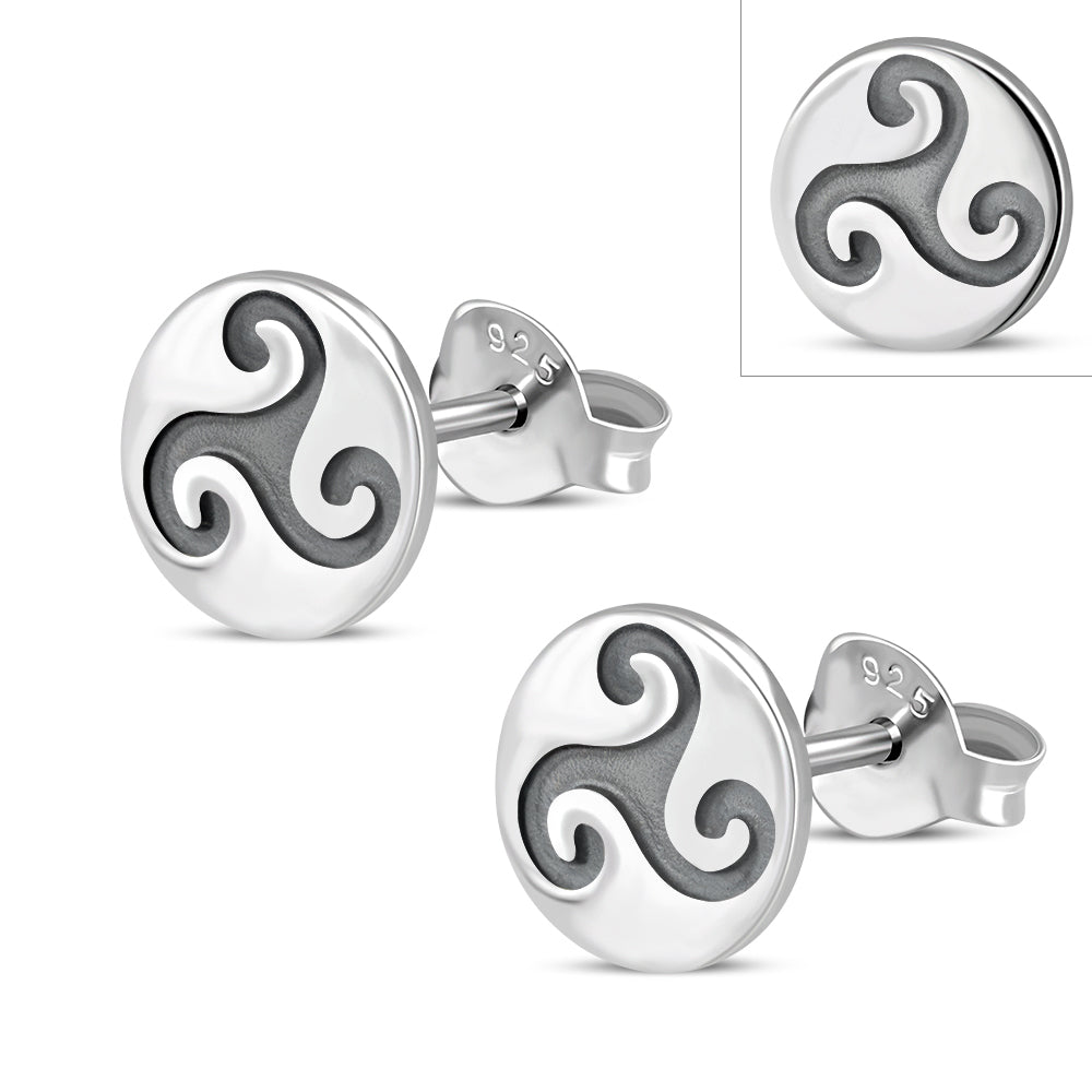 Round Triskele Triple Spiral Stud Silver Earrings