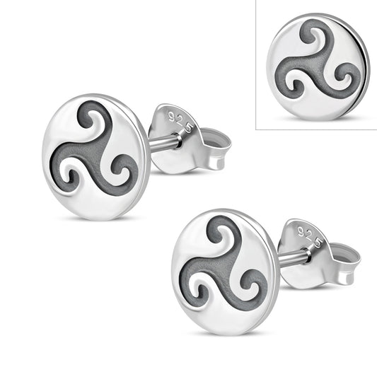 Round Triskele Triple Spiral Stud Silver Earrings