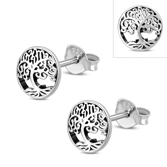 Round Celtic Knot Tree of Life Silver Stud Earrings
