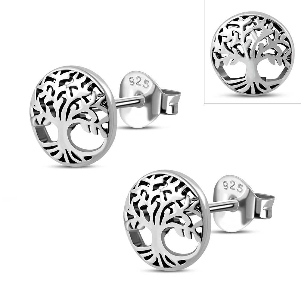 Round Celtic Tree of Life Silver Stud Earrings