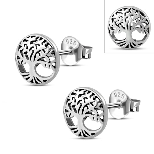 Round Celtic Tree of Life Silver Stud Earrings